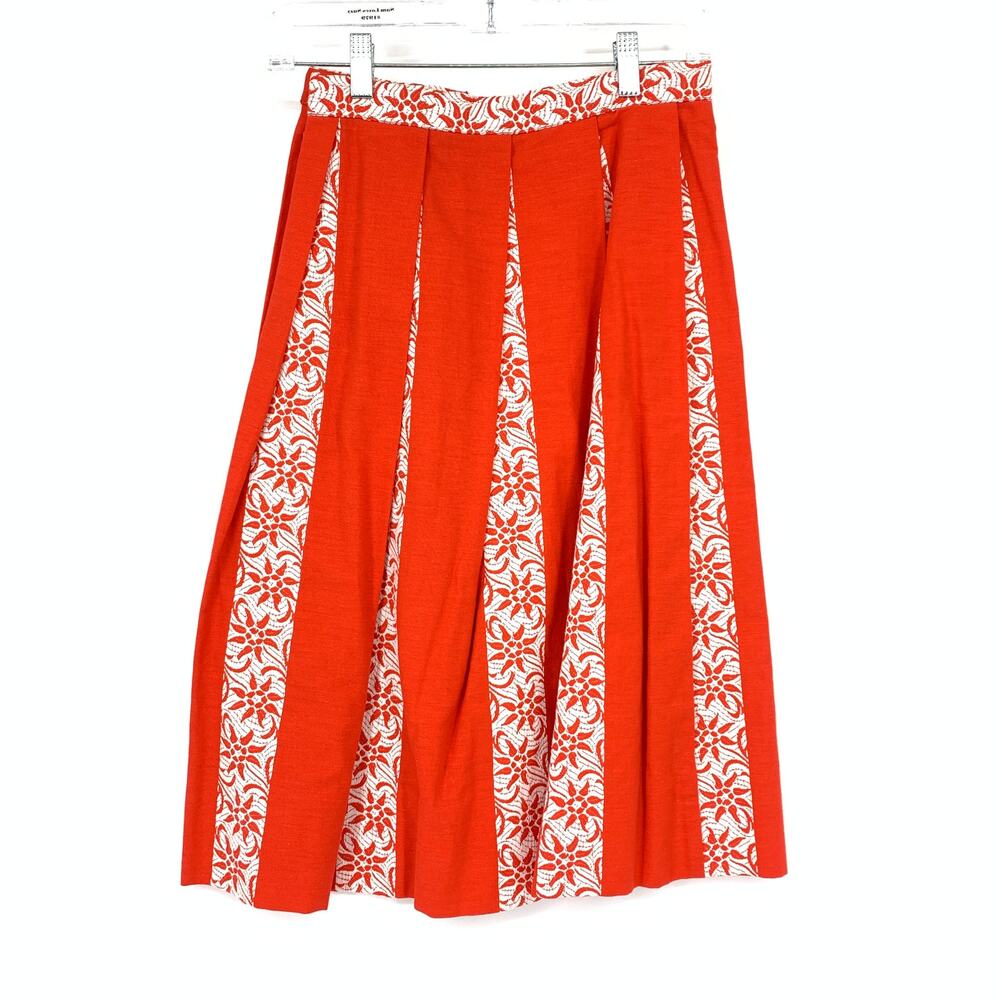 Vintage Pleated A-Line Skirt Womens Size 25" Red White Floral Print Jacquard